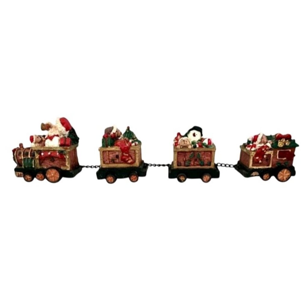VTG Christmas Train Resin Figure Set Santa Snowman Teddy Bears Decor 14”